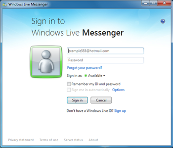 the login screen for Windows Live messenger